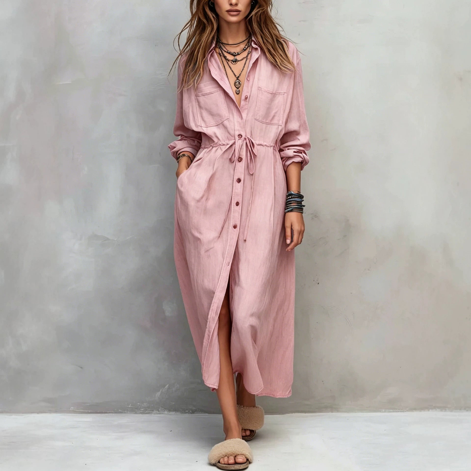 Women's Drawstring Waist Shirt Dress – Long Sleeve A-Line Midi