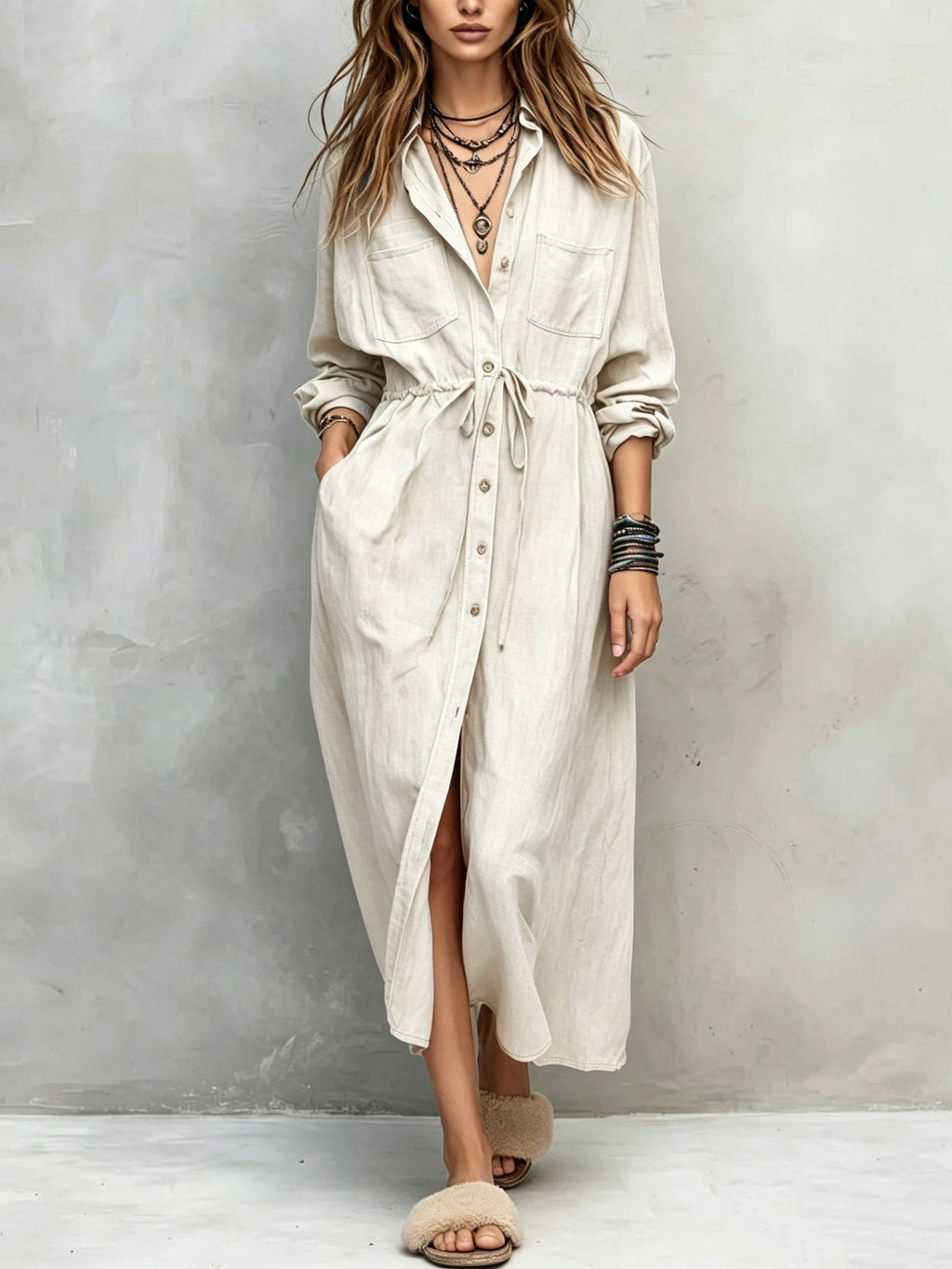 Women's Drawstring Waist Shirt Dress – Long Sleeve A-Line Midi