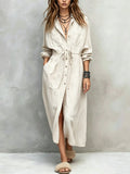 Women's Drawstring Waist Shirt Dress – Long Sleeve A-Line Midi