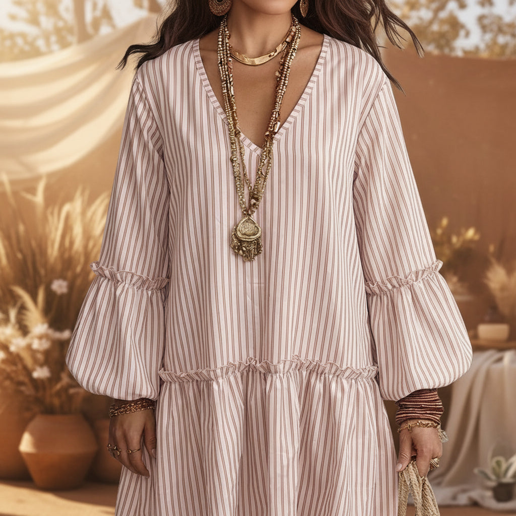 Women's Stripe Print V-Neck Lantern Sleeve Mini Dress