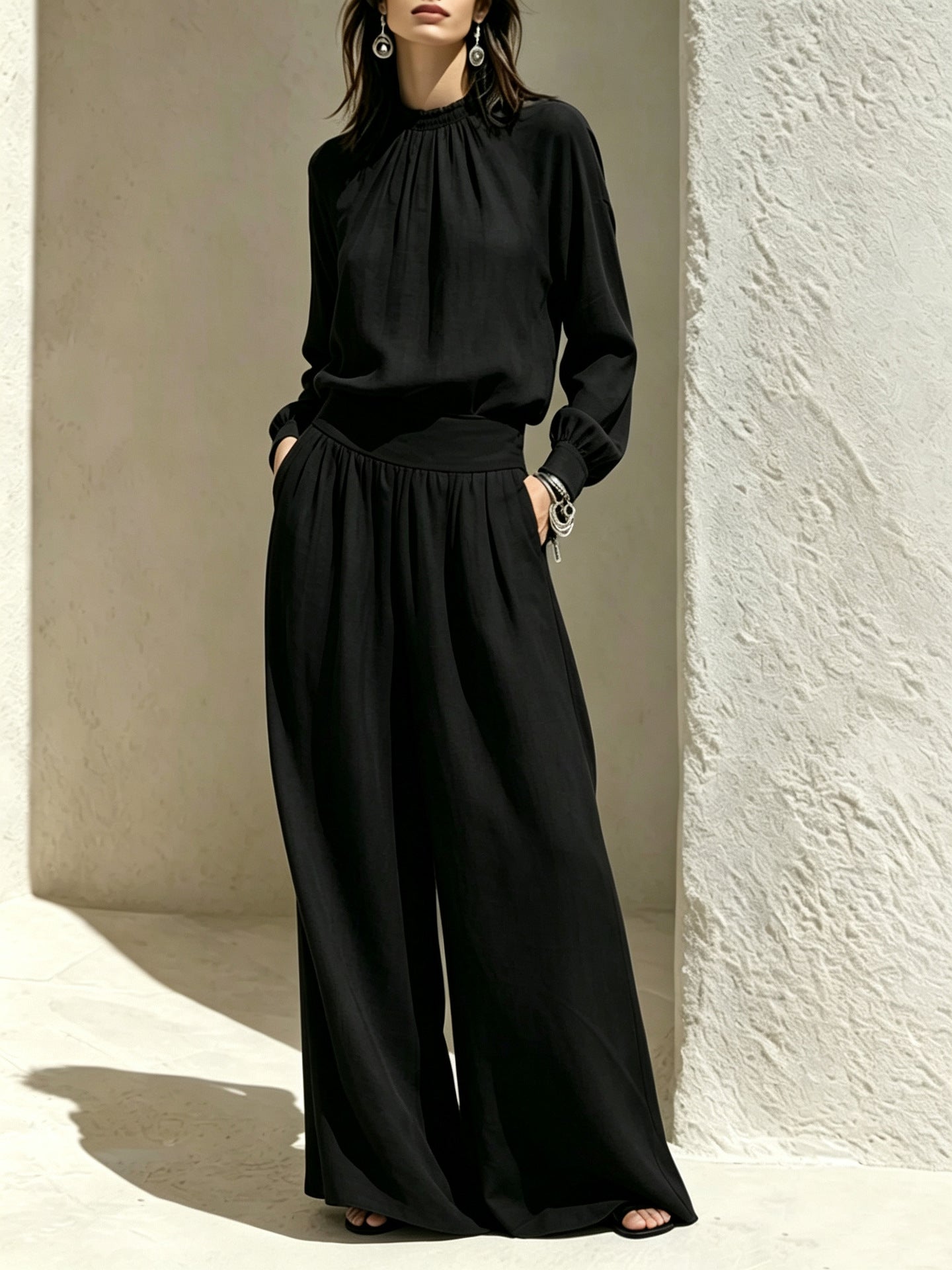 Women's Stand-Up Collar Puff Sleeve Blouse & Wide-Leg Pants Set