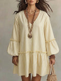 Women's Stripe Print V-Neck Lantern Sleeve Mini Dress