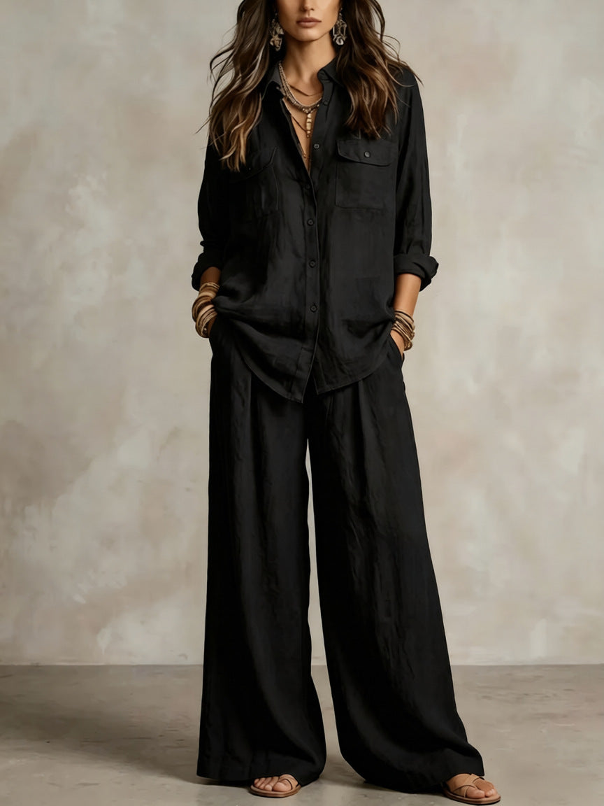 Women's Linen Two-Piece Set – Long Sleeve Shirt & Wide-Leg Pants