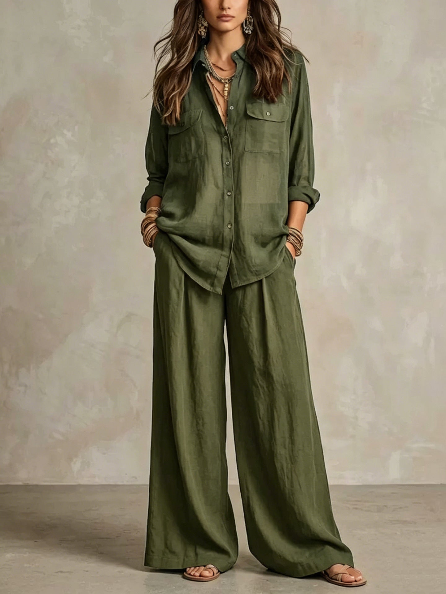 Women's Linen Two-Piece Set – Long Sleeve Shirt & Wide-Leg Pants