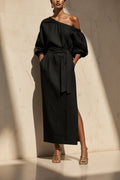 Women's Asymmetric Neck Linen Maxi Dress – Belted with Side Slit & Pockets