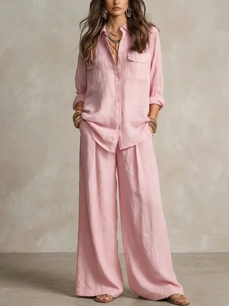 Women's Linen Two-Piece Set – Long Sleeve Shirt & Wide-Leg Pants